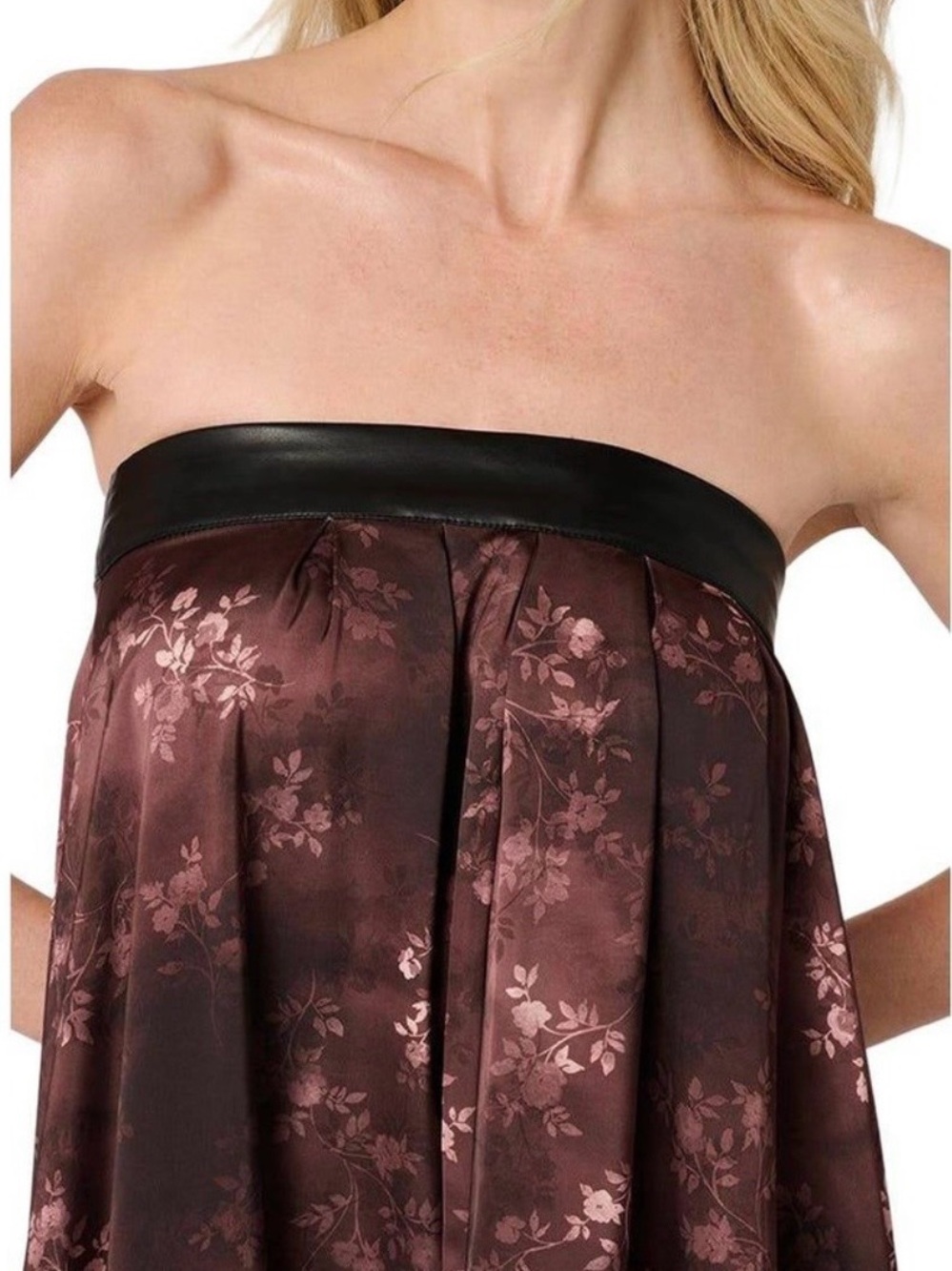 WEWOREWHAT STRAPLESS MAXI DRESS MULTI FLORAL FAUX LEATHER TRIM BROWN SIZE SMALL